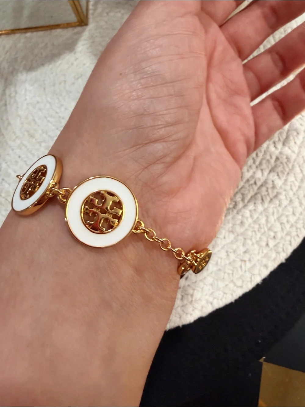 Tory Burch White Enamel Gold Hollow Round Bracelet | New with dust bag